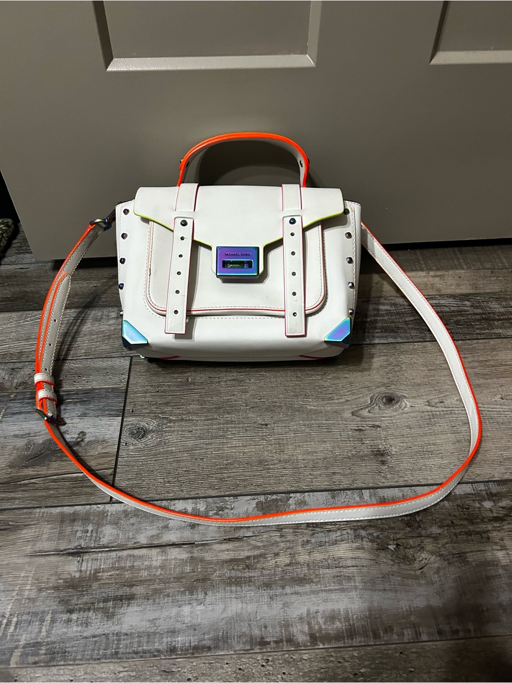 Michael Kors Manhattan Medium Contrast-Trim Leather Satchel Optic White neon